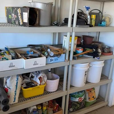 Everything Gardening Items Plus 2 Tall Plastic Storage Shelves - Pots, Supplies, Hand Tools