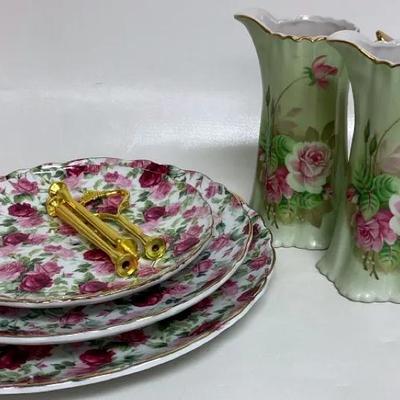 “Lefton China” Pitchers & “Victorian’s Garden” Serving Stand 