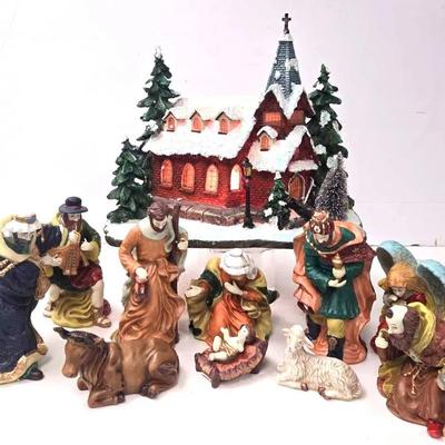 Nativity Scene And Light Up Church