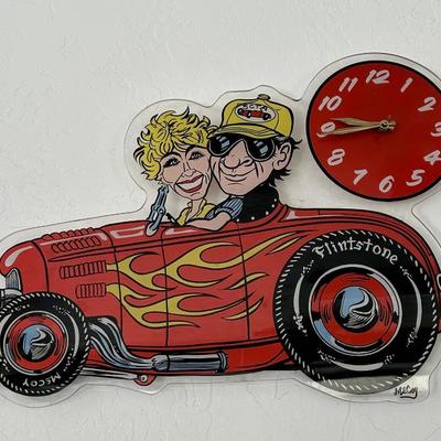 Hot Rod Car Wall Clock with Cartoon Couple Design