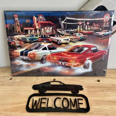 Classic car diner scene metal wall art welcome sign hot rod décor