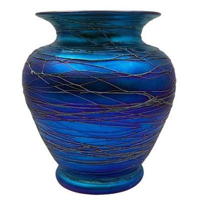 Sale Photo Thumbnail #39: Lot 038  
Iridescent Blue Art Glass Vase, Thread Design