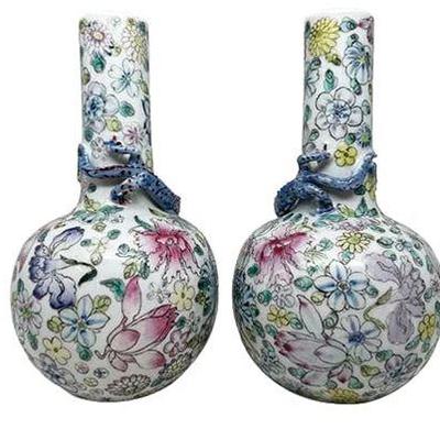 Sale Photo Thumbnail #3: Lot 003   
Chinese Famille Rose Bottle Vases, Pair