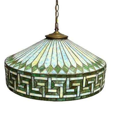 Sale Photo Thumbnail #16: Lot 015   
Greek Key Slag Stained Glass Pendant Light, Vintage