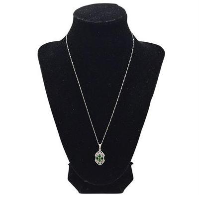 Lot 029   
14K White Gold Necklace with 14K White Gold Emerald & Diamond Pendant