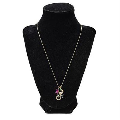 Lot 012   
14K Yellow Gold Necklace w/ Pink Ruby, Emerald, Sapphire & Diamond Pendant