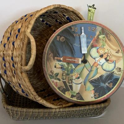 Tommy Bahamas Clock and 2 woven baskets