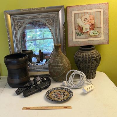 Decor Lot - Silver Wooden Mirror, Surge Protectors, Waste Basket 