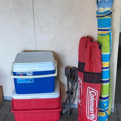Camping Lot - Coleman & Rubbermaid Coolers, Coleman Chairs & Beach Umbrella