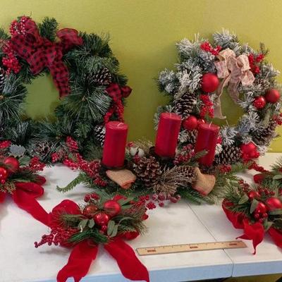 Christmas Decor Lot - Two Wreaths, Centerpiece, Bows