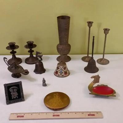 Vintage Brass, Pewter - Camel Ashtray, Powder Compact, Candlesticks, Bells, Vase+++