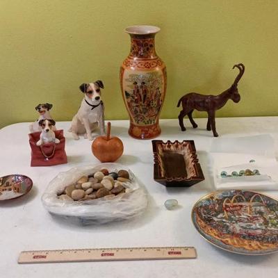 Collectibles - Chinese Vase, Leather Antelope, Dogs, Stones, Marbles+++