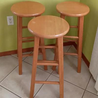 3 Solid Oak Bar Stools - 29 In Tall