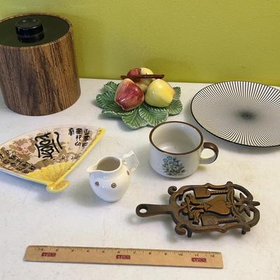 Vintage Kitchen Lot - Royal Norfolk Spiral Plate, MC faux Wood Ice Bucket, Cast Iron Trivet 