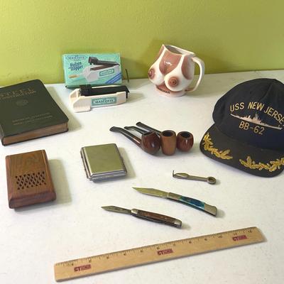 Men’s Lot - Meerschaum Pipes, Antique Cigarette Box, Steel Construction 1928 Book