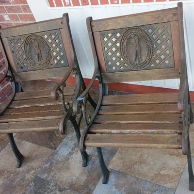 Vintage Cast Iron & Wood Golf Figure Medallion Chairs