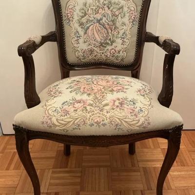 Vintage French Needlepoint Armchair with Carved Wood Frame