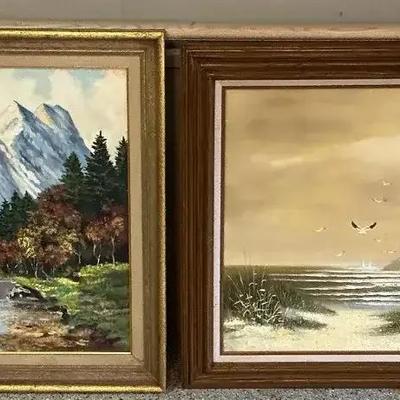 Pair of Framed Landscape Paintings – Mountain and Seaside Scenes