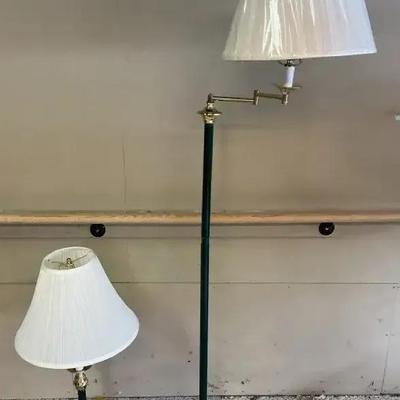 Pair of Matching Green and Brass Lamps – Floor and Table Set