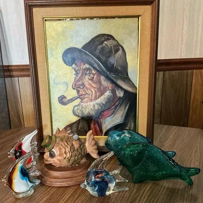 Fisherman Painting And Assorted Glass Fish