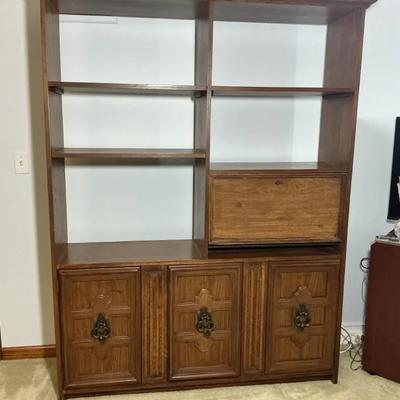 Vintage Wood Wall Unit with Drop-Down Desk and Cabinet Storage