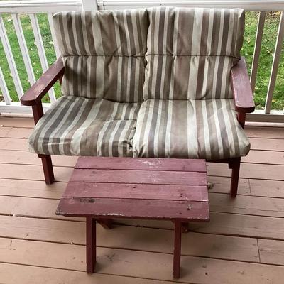 Wooden Patio Loveseat with Cushions and Matching Side Table