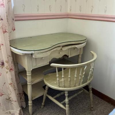 Vintage Distressed Vanity Desk with Glass Top and Matching Chair