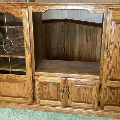 Solid Oak Entertainment Center with Glass Display Cabinet