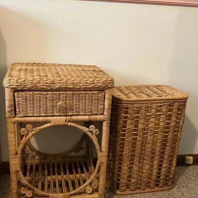 Wicker Nightstand and Matching Hamper Set