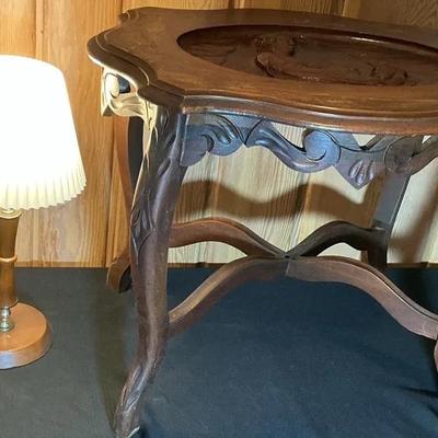 Vintage Hand-Carved Wooden Accent Table and Small Lamp