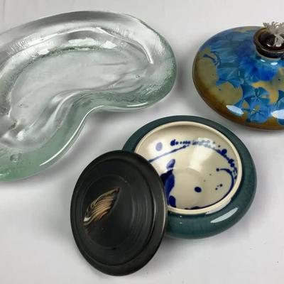 Andrew MacCorkindale Covered Dish, Crystalline Ceramic Oil Lamp, and Glass Dish