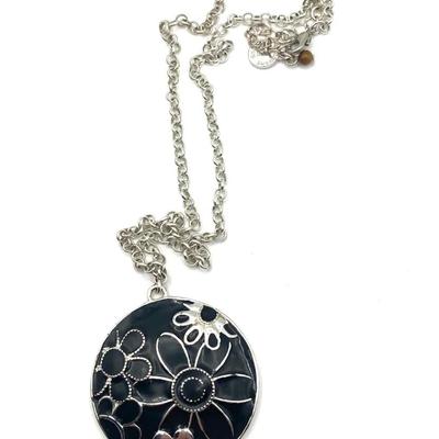 Vintage Liz Claiborne Silver-Tone Necklace With A Black Floral Enamel Medallion Pendant