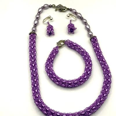 Vintage Woven Purple Bead Necklace, Bracelet, And Clip On Earrings Set