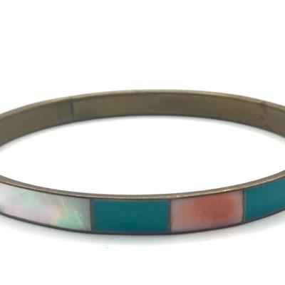 Vintage Brass Bangle Bracelet Inlaid Blue Peach Mother of Pearl Bands