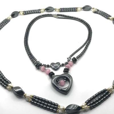 3pc Hematite Heart Necklaces Varied Accent Beads Boho Grounding