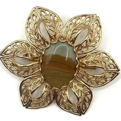 Filigree Style Floral Flower Brooch Pin Agate Cabochon