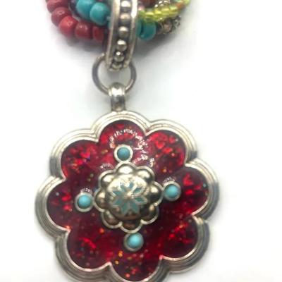 Vintage Avon Beaded Necklace Blue Red Silver Tone