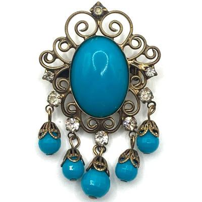 Vintage Estate Faux Turquoise Pin Brooch Gold Tone Filigree Dangle With Rhinestone 