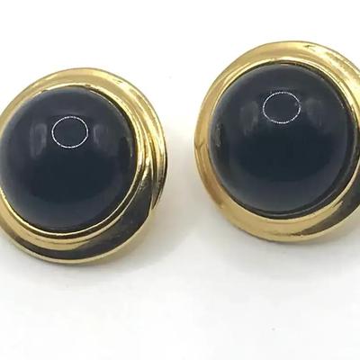 Black Button Earrings In A Gold-Tone Setting