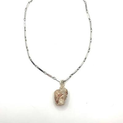 Wire Wrapped Quartz With Silver Tone Necklace 