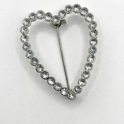 Silver-Tone Clear Crystal Open Heart Brooch