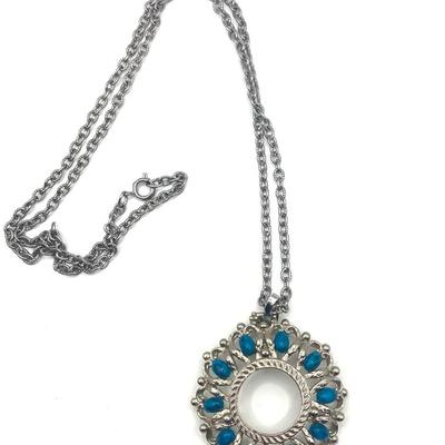 Vintage Silver-Tone Chain Necklace With A Faux Turquoise-Accented Pendant