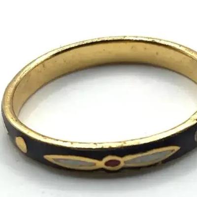 Vintage Cloisonne Enamel and Bronze 3mm Green Ring Size 6