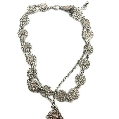 Vintage Silver-Tone Choker Layered Necklace  Abstract Floral Design
