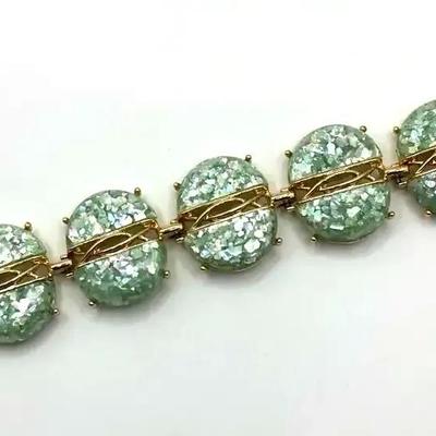 Vintage Green Faux Opal Gold Tone Bracelet Beautiful Shimmer
