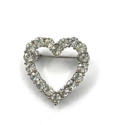 Vintage Silver Tone Heart Brooch with Crystals