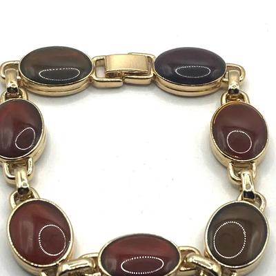 Brown Tortoise-Style Art Glass Cabochons Gold Tone Bracelet