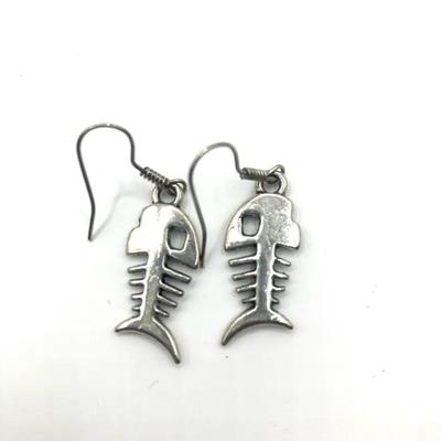 Silvertone Fish Skeleton Earrings Bone Fish
