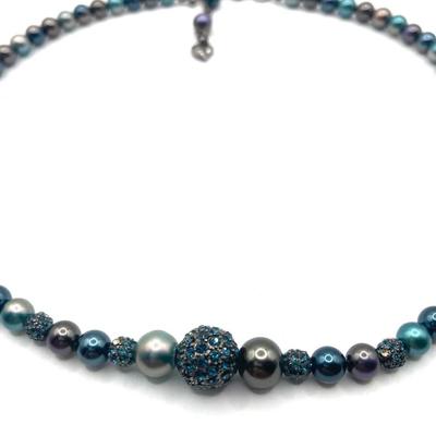 Peacock Faux Pearl Rhinestone Necklace Iridescent Green Blue And Purple Hues