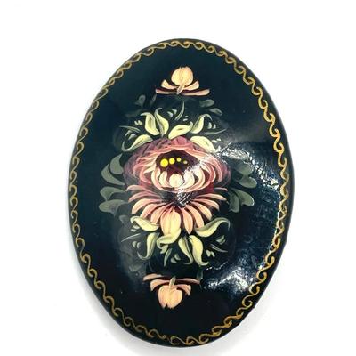Handpainted Russian Floral Bouquet Black Lacquer Brooch Pin
